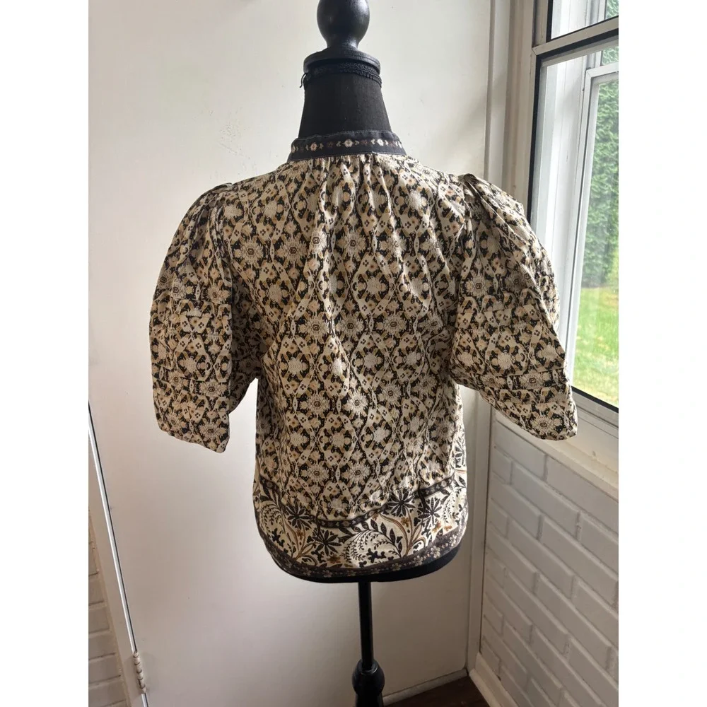 Anthropologie Pleated Puff Sleeve Blouse Small Boho cottage core croquette